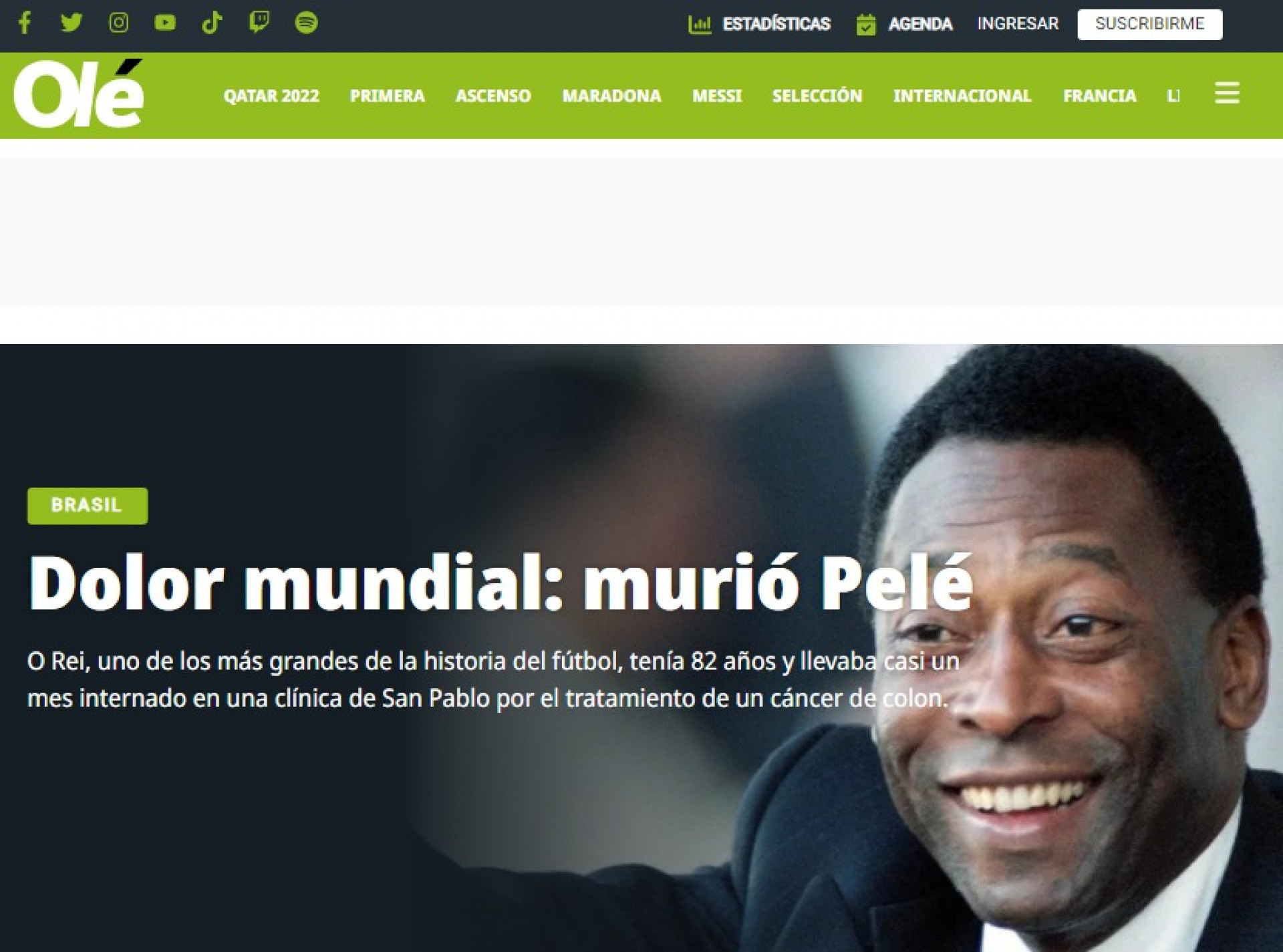 Capa do site do portal Olé, da Argentina, sobre a morte de Pelé 