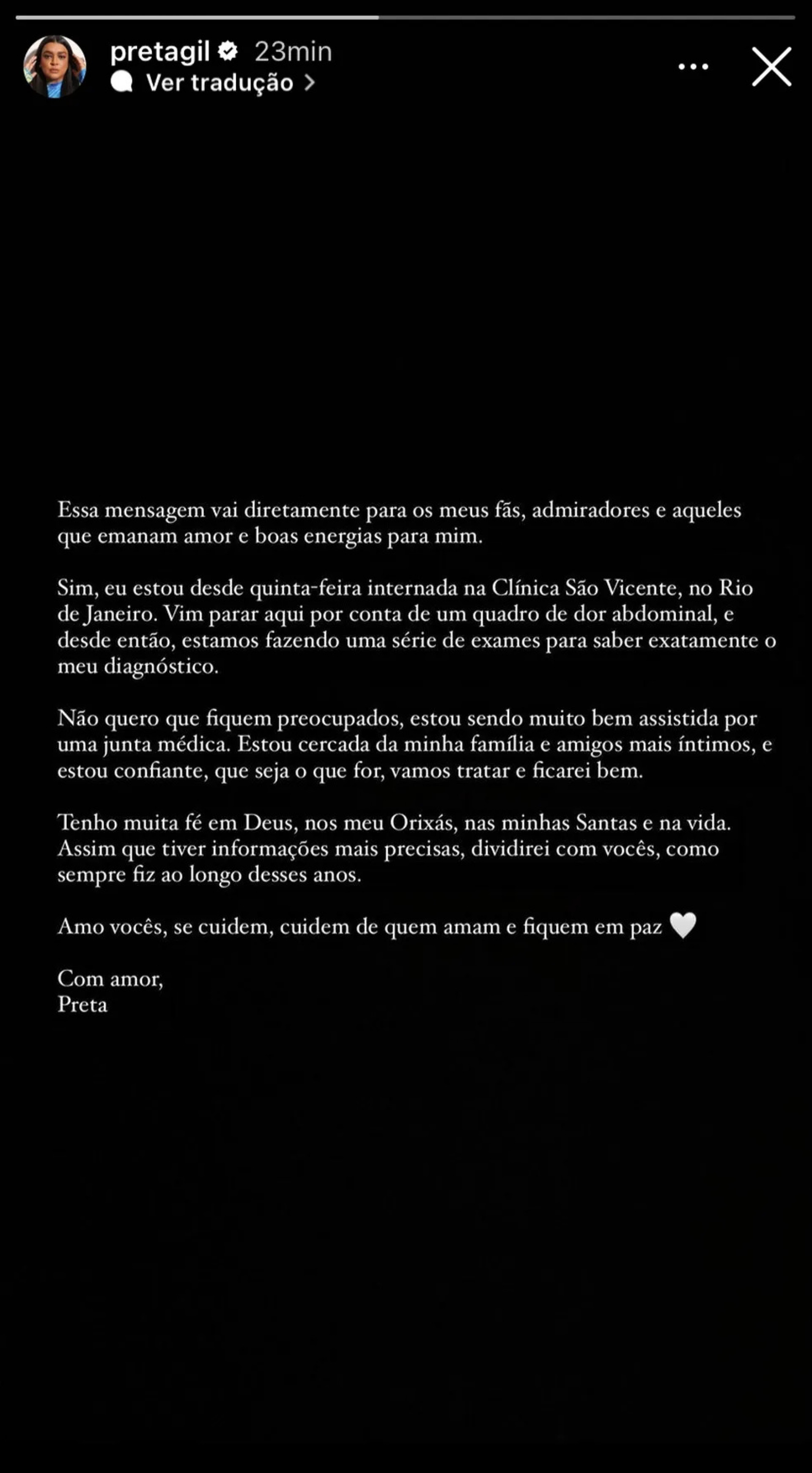 Preta Gil acalmou os fãs após ida à emergência: "Seja o que for, vamos tratar e ficarei bem"