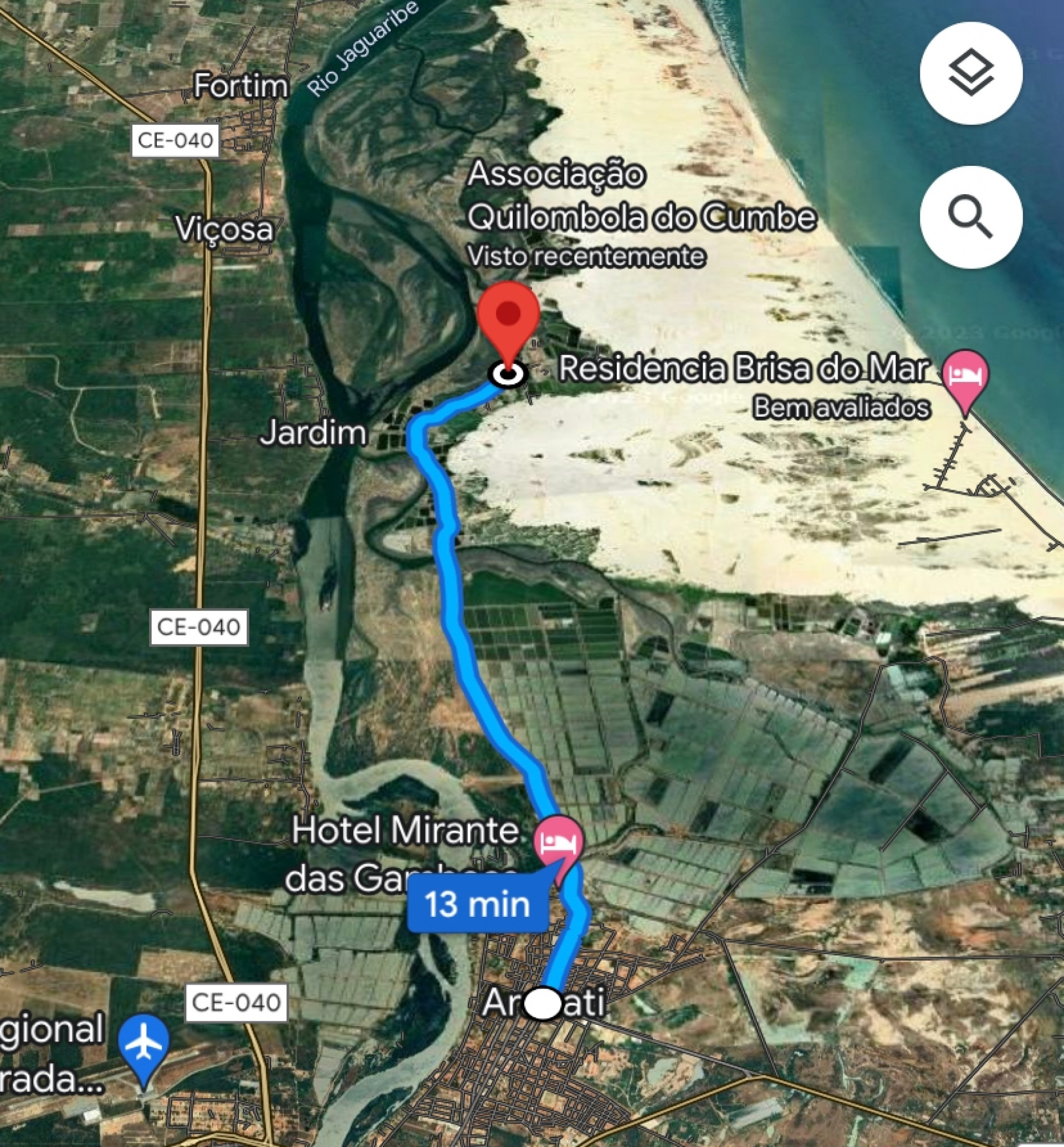 São pouco mais de 9km do centro de Aracati ao Cumbe