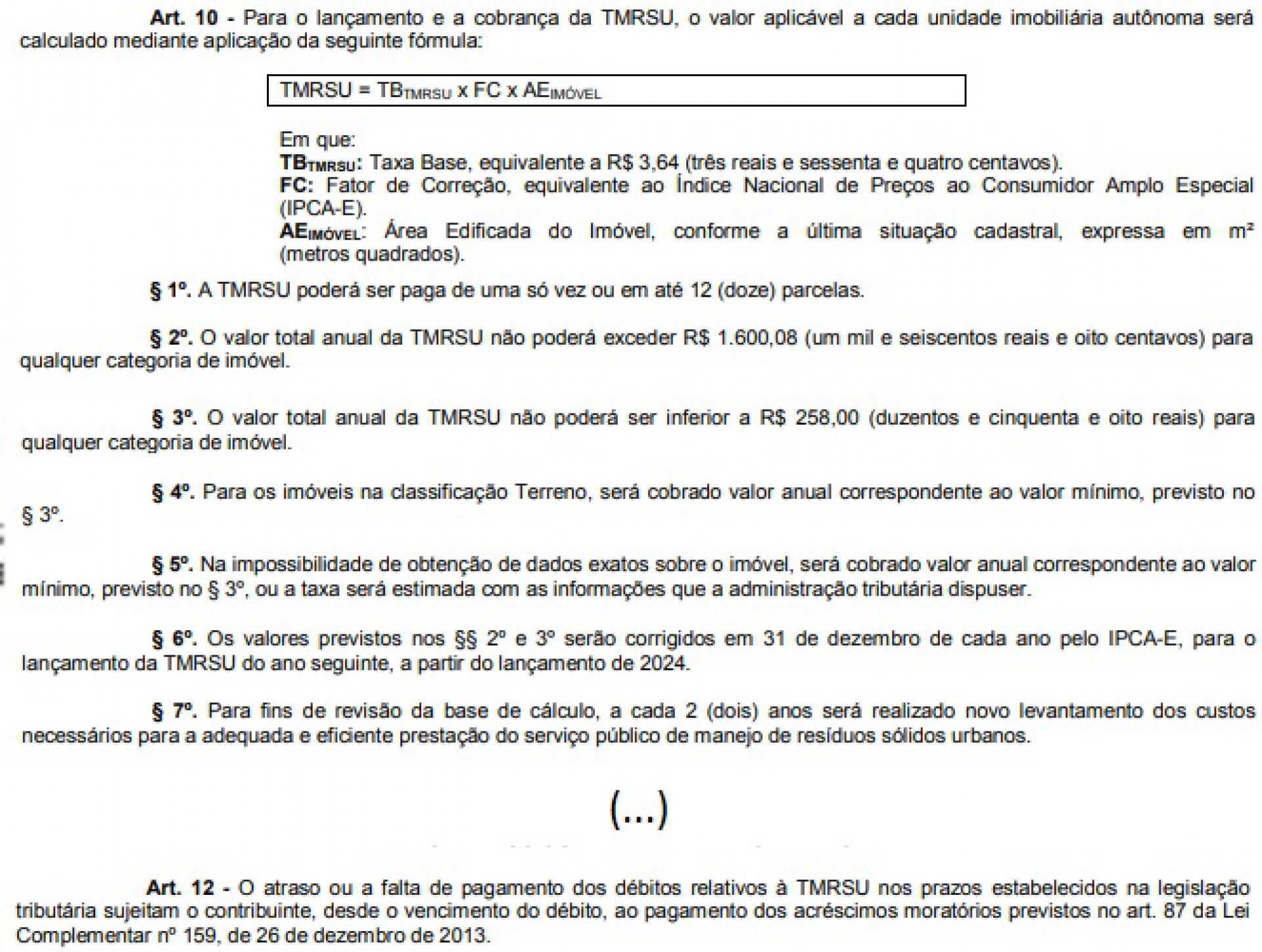 O que dizem o artigo 10 e o artigo 12 da lei da Taxa do Lixo de Fortaleza