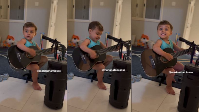 Arthur, de 2 anos e 9 meses, toca o sucesso da banda Los Hermanos, Anna Júlia