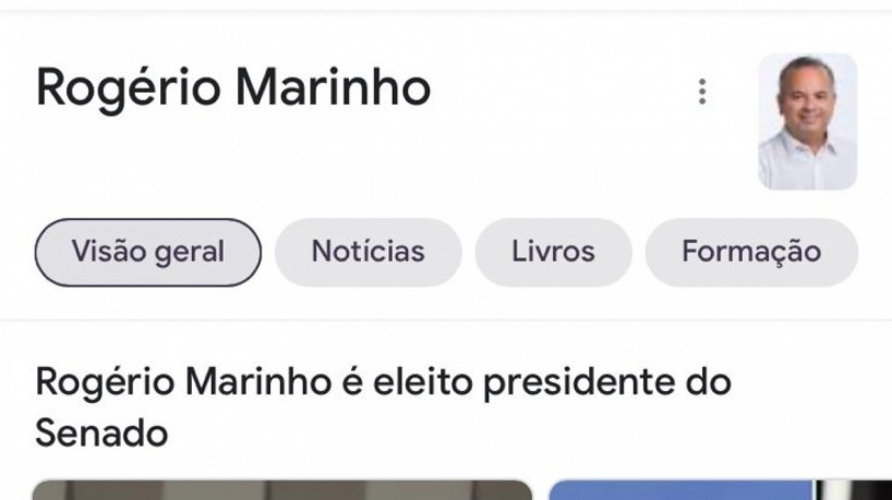 Erro no Google mostra o senador Rogério Marinho como o novo presidente do Senado.