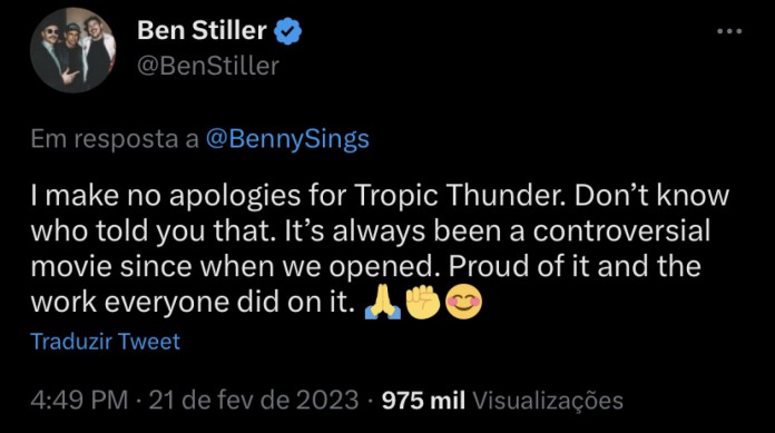 Ben Stiller responde a usuário sobre o filme "Trovão Tropical"