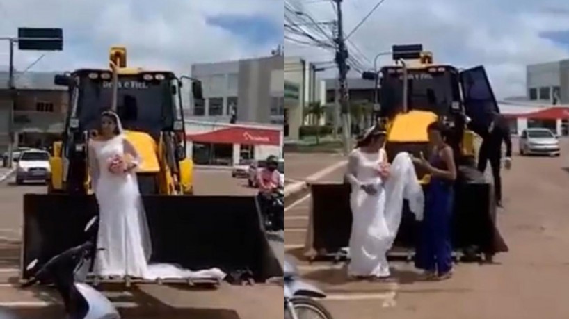 No Pará, jovem troca limusine por retroescavadeira e surpreende noivo e convidados ao chegar na igreja. Veja vídeo