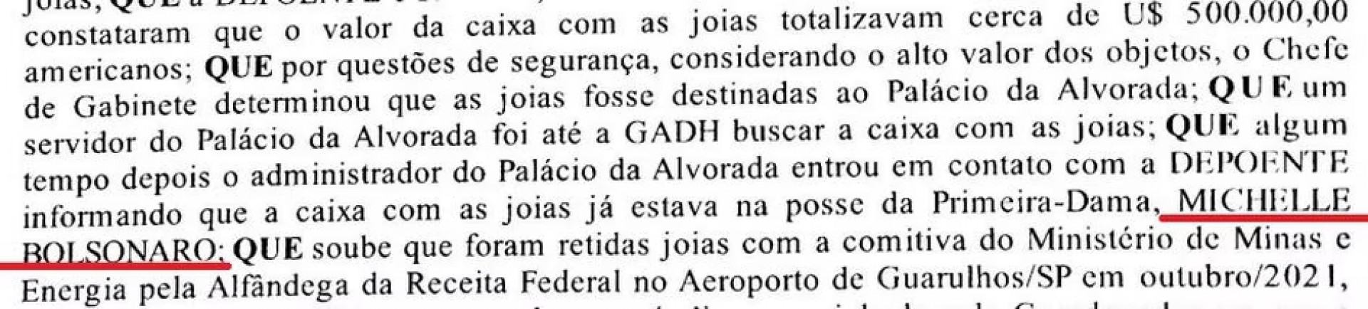 Trecho de depoimento sobre jóias que cita Michelle Bolsonaro