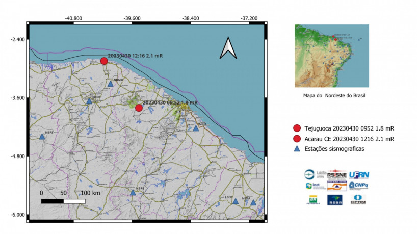 Mapa com informações sobre os tremores de terra 