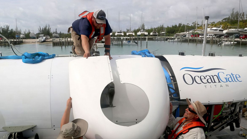 19/06/2023 - Foto do submarino da empresa OceanGate, que faz expedições até os destroços do navio Titanic e anunciou que o submarino utilizado para levar turístas até o local onde estão os restos do navio, desapareceu no Oceano Atlântico. Foto: Oceangate