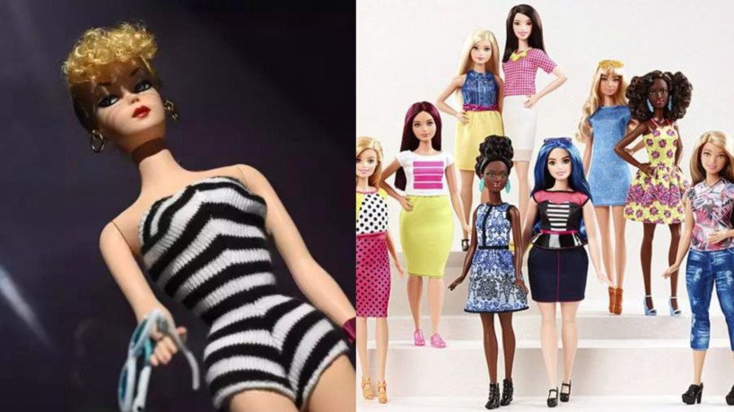 Boneca Lilli feita em território alemão, inspiração para o surgimento da Barbie. Ao lado direito, várias Barbies existentes na atualidade