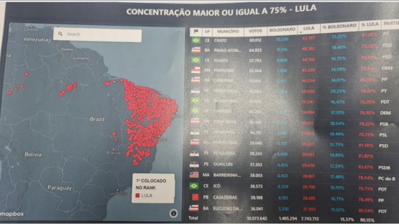 Imagem encontrada em celular de delegada federal, com mapa sobre concentração de votos em Lula nos municípios