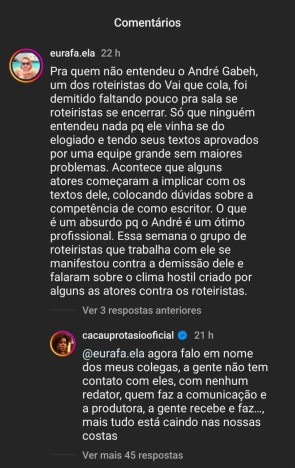 Cacau Protásio responde seguidora sobre briga entre atores e roteiristas do "Vai que Cola"(Foto: Reprodução/Instagram)