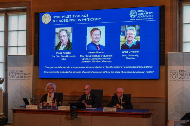 Scientists Pierre Agostini, Ferenc Krausz and Anne L'Huillier are announced as the winners of the 2023 Nobel Prize in Physics at a press conference in the Royal Swedish Academy of Sciences in Stockholm, Sweden, October 3, 2023. REUTERS/Tom Little