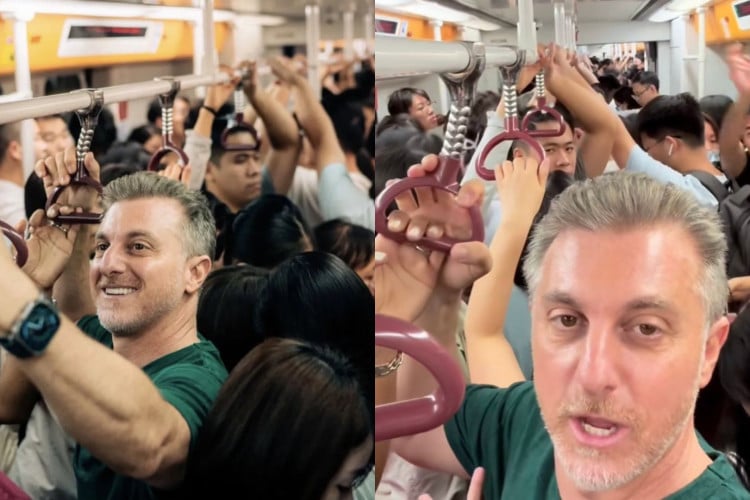 O apresentador Luciano Huck mostrou a experiência de pegar um metrô na China e falou sobre a lotação do transporte público
