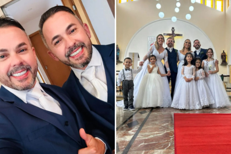 Casamento duplo: Irmãos gêmeos casam no mesmo dia, horário, local e com roupas iguais


