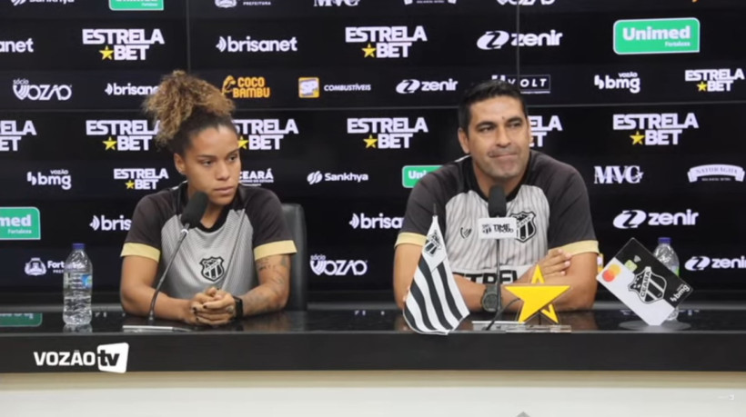 Técnico Erivelton Viana e volante Malu concederam coletiva em Porangabuçu antes da final do Campeonato Cearense Feminino. 