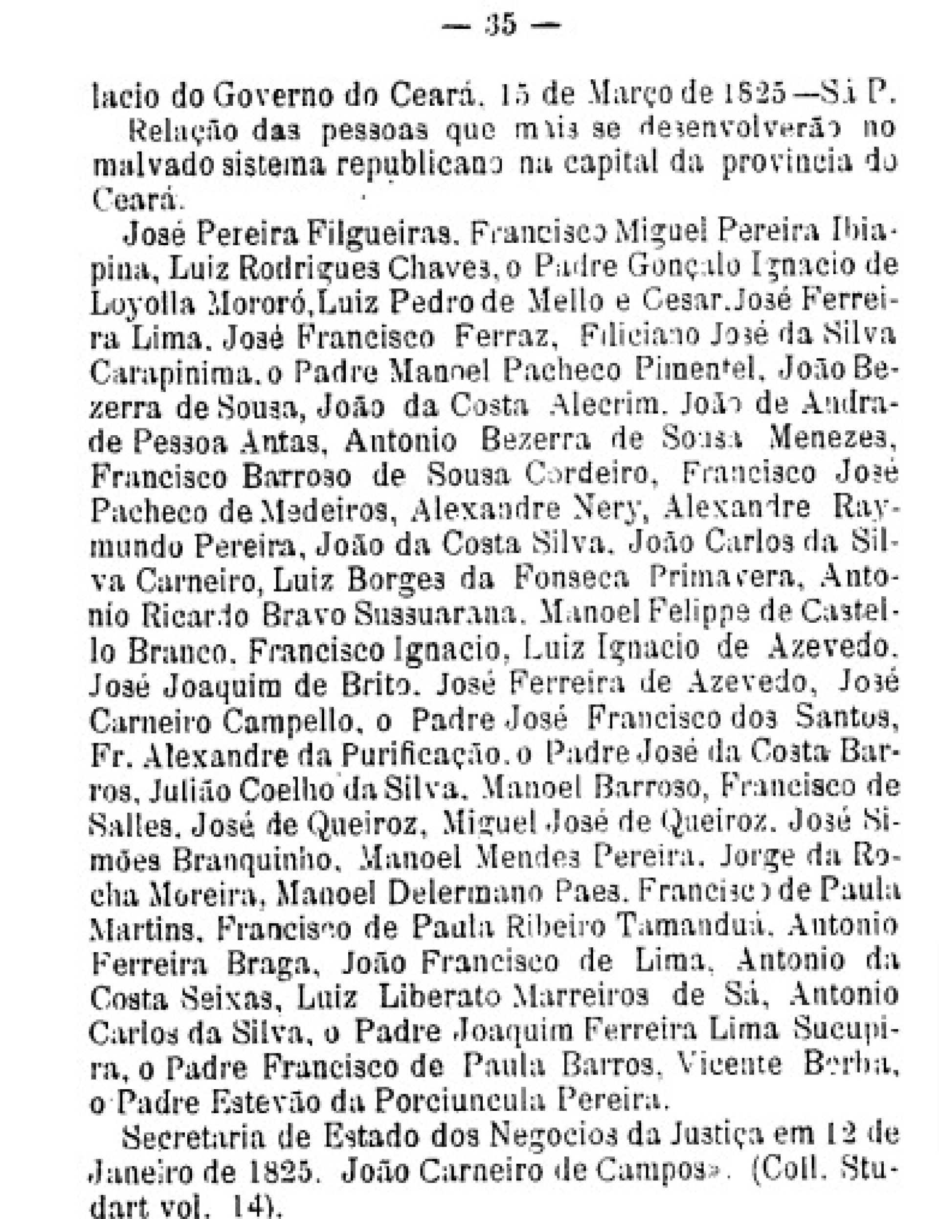 Lista dos nomes de quem mais participou da Confederação do Equador no Ceará(Foto: Reprodução/Domo II de Datas e fatos para a História do Ceará)