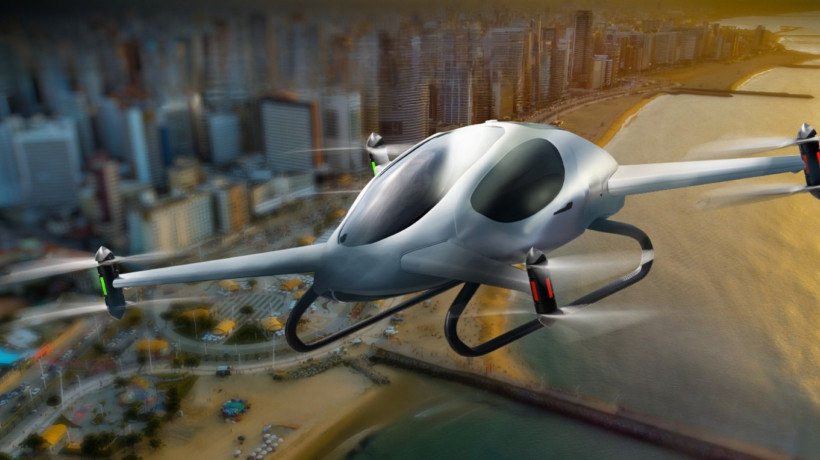 Simulação do eVTOL Genesis X1, carro voador elétrico em desenvolvimento pela Vertical Connect, startup cearense de mobilidade aérea, e o IFCE 