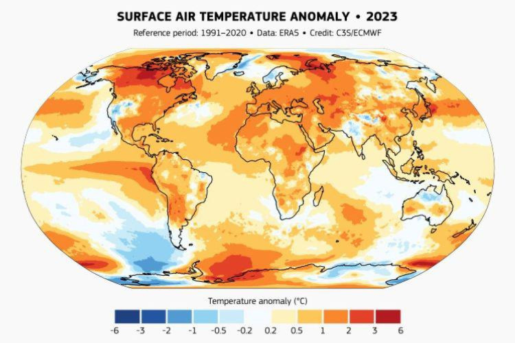 Anomalia da temperatura do ar à superfície para 2023 relativamente à média do período de referência 1991-2020