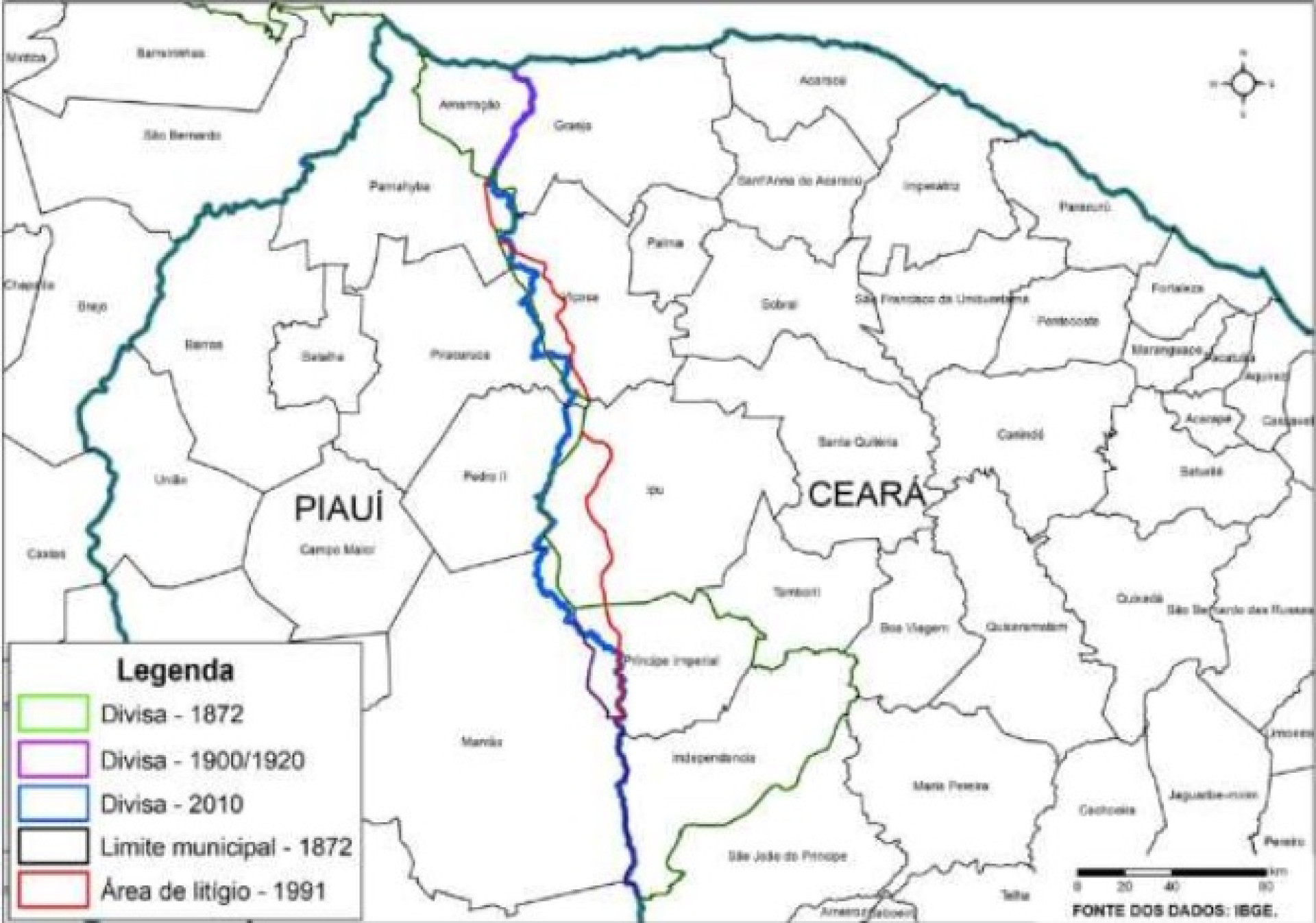 Comparativo da representação cartográfica da divisa entre o Ceará e o Piauí ao longo dos anos