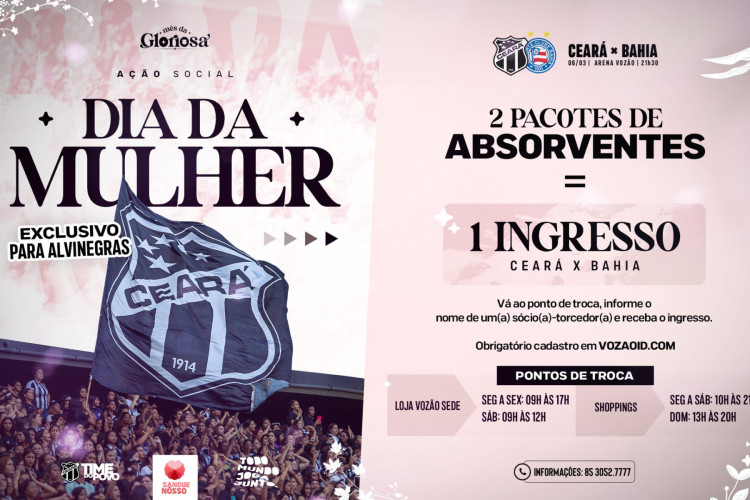 Torcedoras do Ceará poderão trocar dois pacotes de absorvente por um ingresso para jogo contra o Bahia, pela Copa do Nordeste. 