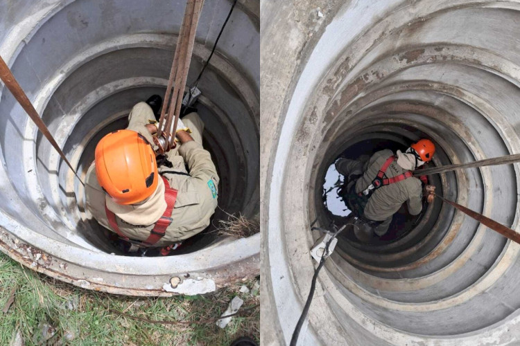 Corpo de Bombeiros realizando resgate em poço na cidade de Fortim