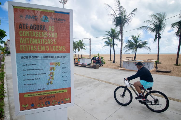 Painel de Ciclistas usa inteligência artificial para contabilizar ciclistas nas principais avenidas de Fortaleza. Na foto, equipamento instalado na Praia de Iracema