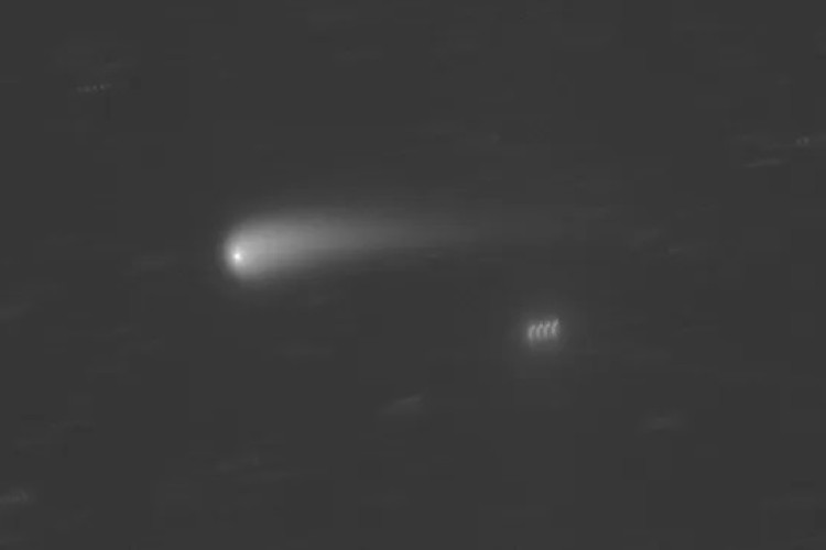O astrônomo Gianluca Masi, do Projeto Telescópio Virtual, capturou esta imagem do cometa C/2023 A3 Tsunchinshan-ATLAS em 5 de maio, em Ceccano, Itália
