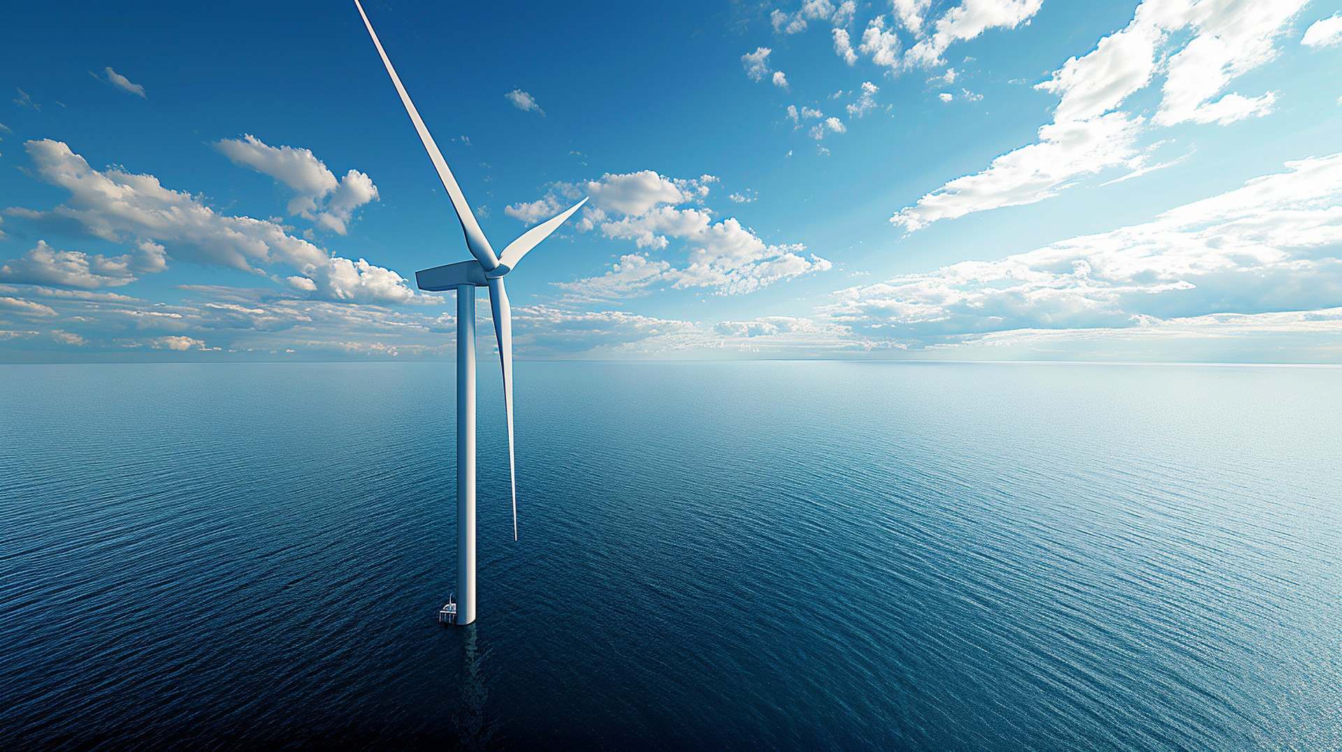An AI-generated image of a single, impressive wind turbine in the middle of the ocean, viewed from above The turbine spins gracefully, generating green energy, set against a backdrop of a wide, (Foto: ADOBE STOCK)