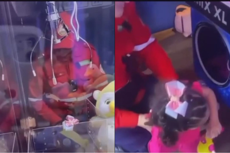 A pequena Ayla Brasil ficou presa em uma maquina de ursos de pelúcia no Shopping Parangaba