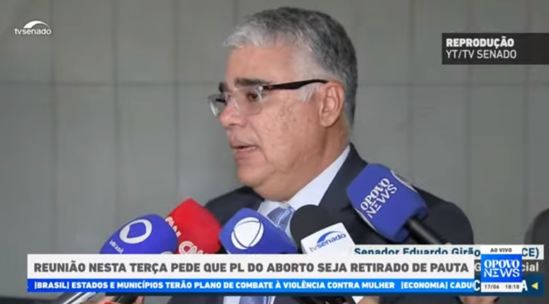 Eduardo Girão concedeu entrevista coletiva defendendo a apresentação (Foto: Reprodução/YouTube/TV Senado)