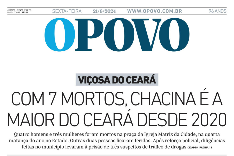 Reprodução da manchete da capa do O POVO da última sexta-feira, 21 (Foto: Reprodução)