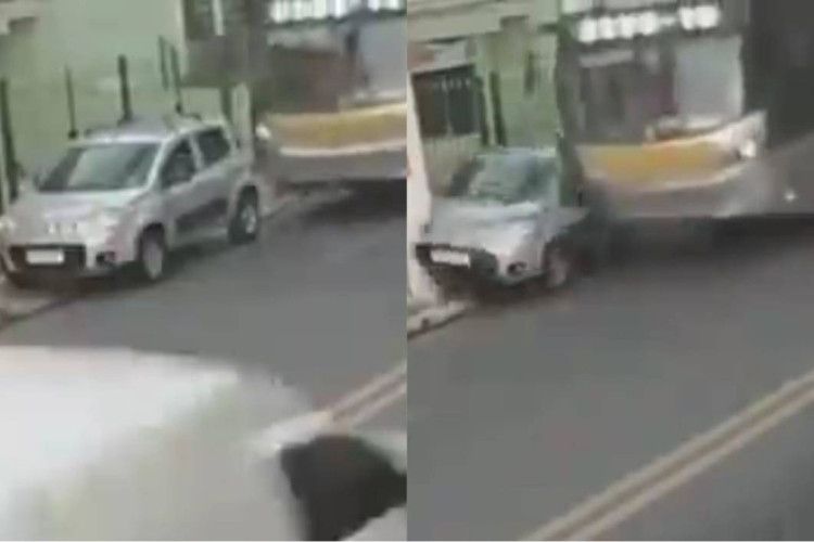 Ônibus atingiu carro que estava estacionado em uma calçada na avenida Gabriela Mistral, no bairro da Penha, em São Paulo. Motorista desceu do automóvel segundos antes da colisão e ninguém ficou ferido