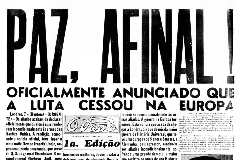 Capa do O POVO, de 7 de maio de 1945, com o anúncio do fim da guerra