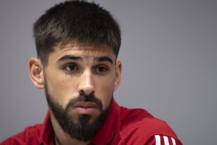 Granada's newly signed Uruguayan defender Bruno Mendez gestures during his official presentation at the Los Carmenes stadium in Granada on January 10, 2024. (Photo by JORGE GUERRERO / AFP)