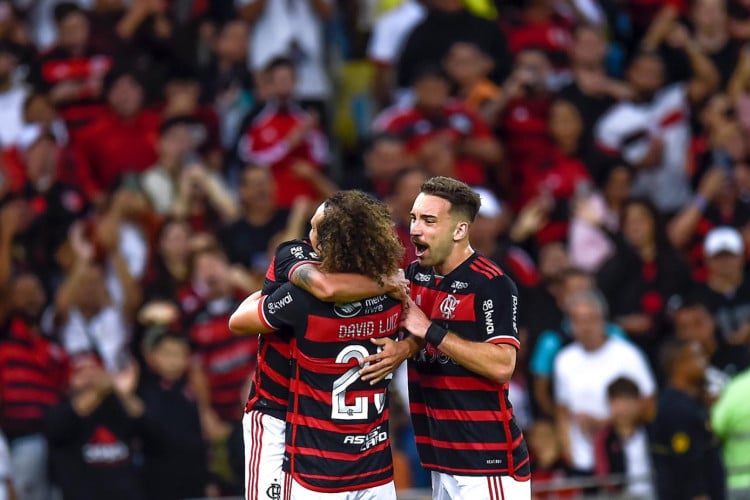 Jogadores do Flamengo comemoram gol na Série A do Campeonato Brasileiro