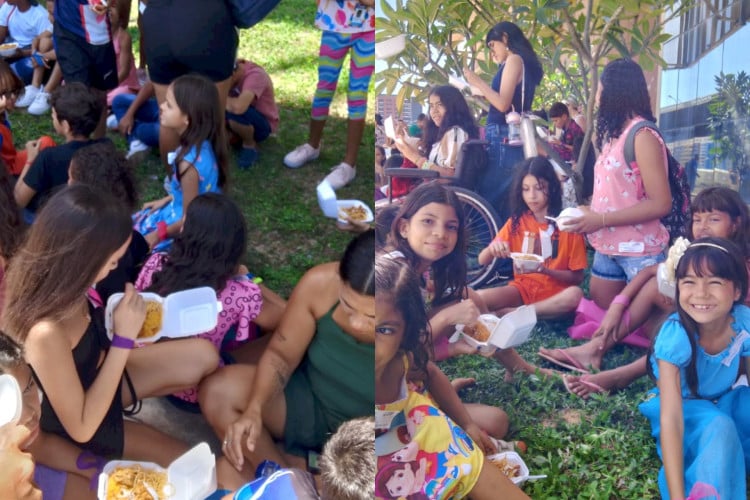 Crianças durante o almoço no Sana. Ação foi organizada pelo programa Zona Viva junto aos voluntários das Cozinhas Solidárias