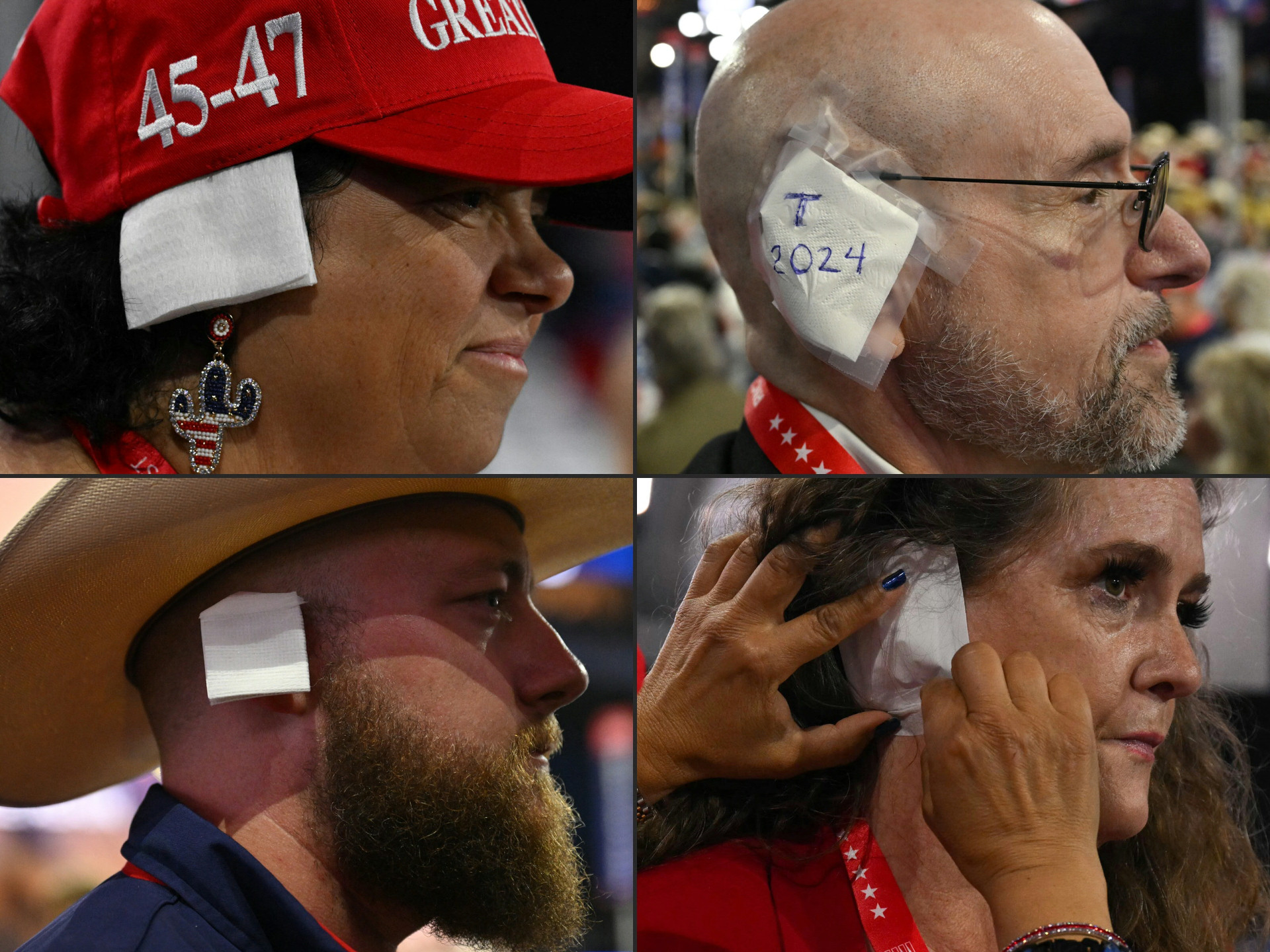 Apoiadores de Trump imitam Trump, que colocou curativo na orelha após tiro de raspão durante atentado  (Foto: Patrick T. Fallon, Jim WATSON / AFP)