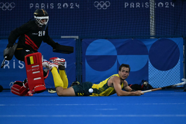 Atacante da Austrália, Thomas Craig reage após não conseguir marcar contra o goleiro da Bélgica Vincent Vanasch na partida de hóquei sobre grama masculino do grupo B entre Austrália e Bélgica durante os Jogos Olímpicos de Paris 2024, em 30 de julho de 2024