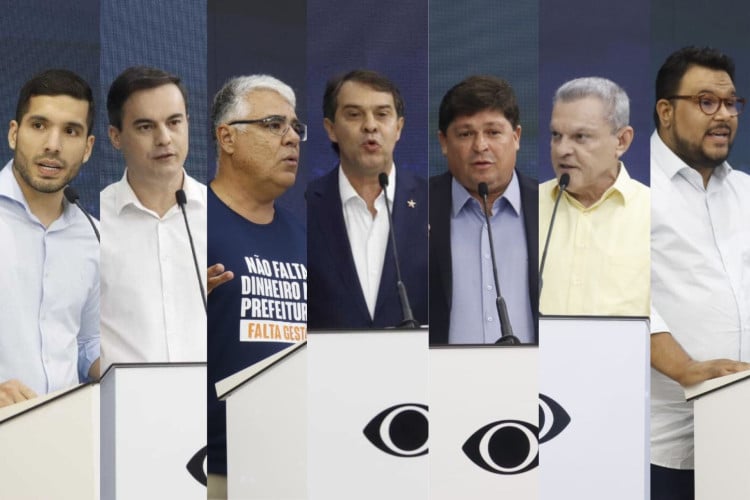 André Fernandes (PL), Capitão Wagner (União Brasil), Eduardo Girão (Novo), Evandro Leitão (PT), George Lima (Solidariedade), José Sarto (PDT) e Técio Nunes (Psol) no primeiro debate com candidatos a prefeito de Fortaleza, realizado pela TV Band Ceará

