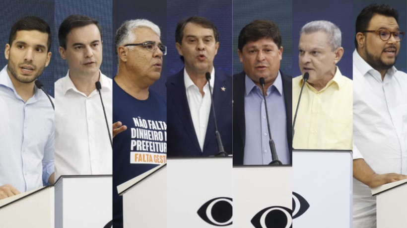 André Fernandes (PL), Capitão Wagner (União Brasil), Eduardo Girão (Novo), Evandro Leitão (PT), George Lima (Solidariedade), José Sarto (PDT) e Técio Nunes (Psol) no primeiro debate com candidatos a prefeito de Fortaleza, realizado pela TV Band Ceará

