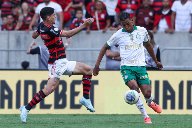 O jogador Vanderlan, da SE Palmeiras, disputa bola com o jogador do CR Flamengo, durante partida válida pela vigésima segunda rodada, do Campeonato Brasileiro, Série A, no Estádio Maracanã.