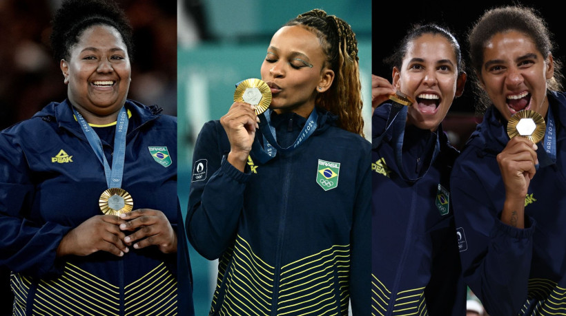 Beatriz Souza, Rebeca Andrade, Duda e Ana Patrícia com suas medalhas de ouro 