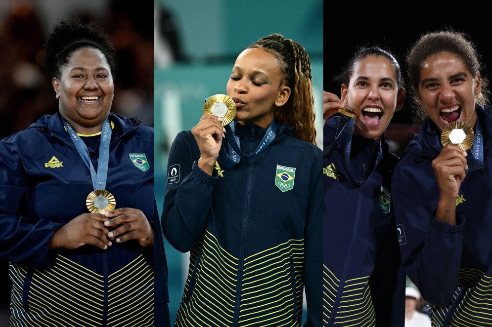 Beatriz Souza, Rebeca Andrade, Duda e Ana Patrícia com suas medalhas de ouro(Foto: Luiza Moraes/COB | Loic VENANCE / AFP | Alexandre Loureiro/COB)