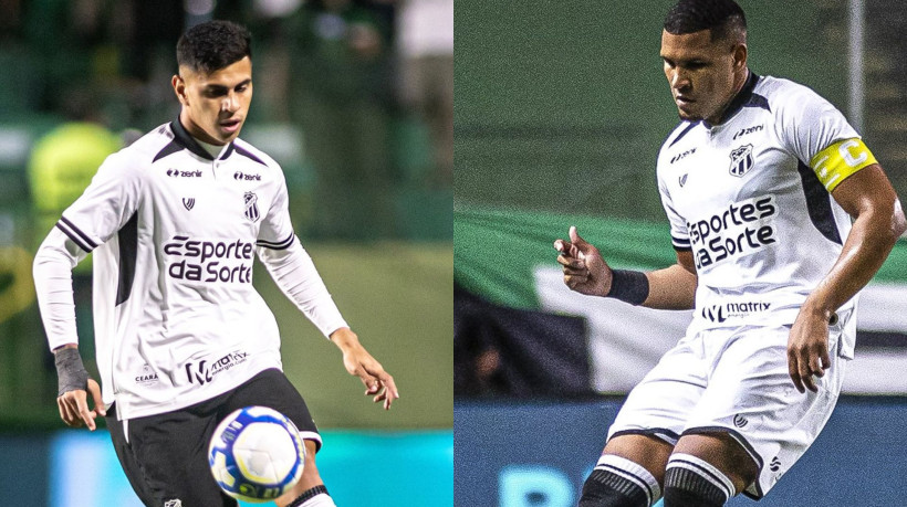 David Ricardo e Matheus Felipe com a camisa do Ceará durante a partida contra o Goiás