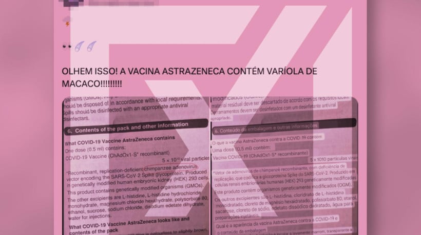 Publicação mente ao afirmar que a vacina contra a covid-19 fabricada pela AstraZeneca contenha mpox, conhecida como varíola dos macacos