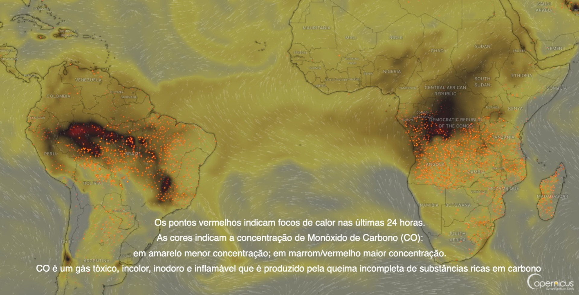 Mapa de calor e da atuação dos ventos alísios enviado pela Funceme em 26/08 (Foto: Reprodução/Windy.com via Funceme)