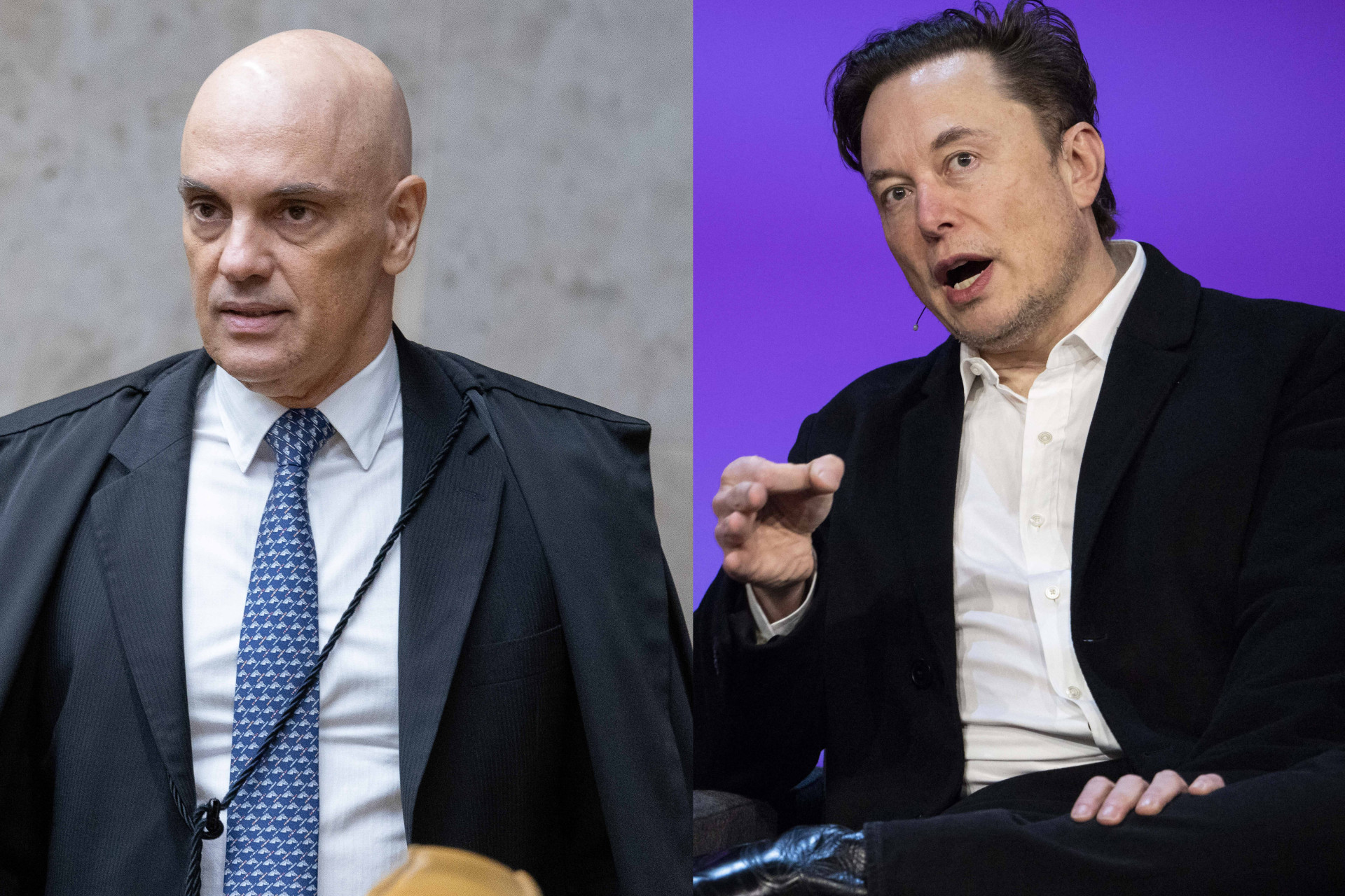 Alexandre de Moraes, minitro do STF e Elon Musk, CEo do X. (Antônio Augusto/STF e RYAN LASH / AFP - Montagem O Povo) (Foto: Antônio Augusto/STF e RYAN LASH / AFP - Montagem O Povo)