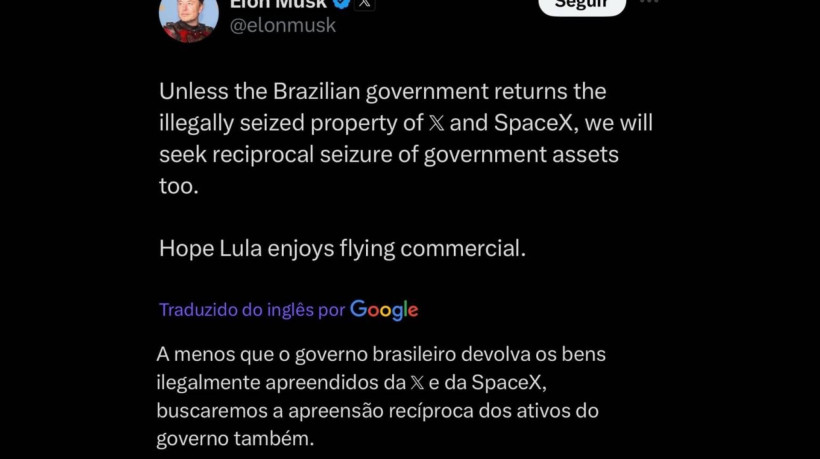 Pelo X, empresário Elon Musk ameaçou apreender os ativos do governo brasileiro e provocou o presidente Luiz Inácio Lula da Silva 