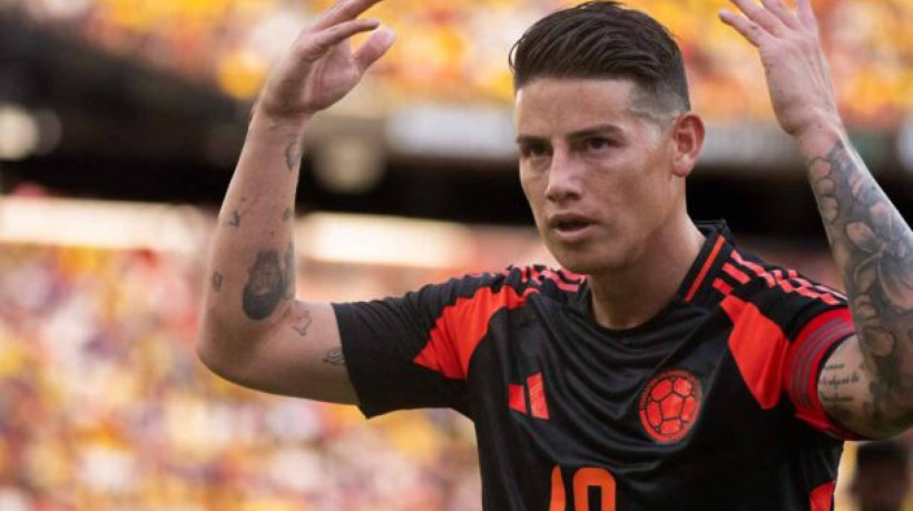 Colombia's forward #10 James Rodriguez gestures to the crowd during the international friendly football match between the USA and Colombia at Commanders Field in Greater Landover, Maryland, on June 8, 2024. (Photo by ROBERTO SCHMIDT / AFP) (Photo by ROBERTO SCHMIDT/AFP via Getty Images)