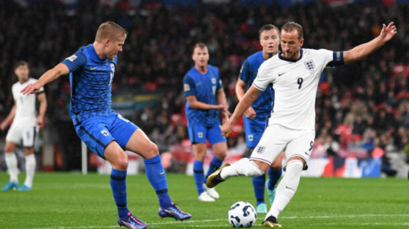 England's striker #09 Harry Kane shoots but fails to score during their UEFA Nations League, League B - Group 2, first leg football match between England and Finland at Wembley Stadium in London on September 10, 2024. (Photo by JUSTIN TALLIS / AFP) / NOT FOR MARKETING OR ADVERTISING USE / RESTRICTED TO EDITORIAL USE