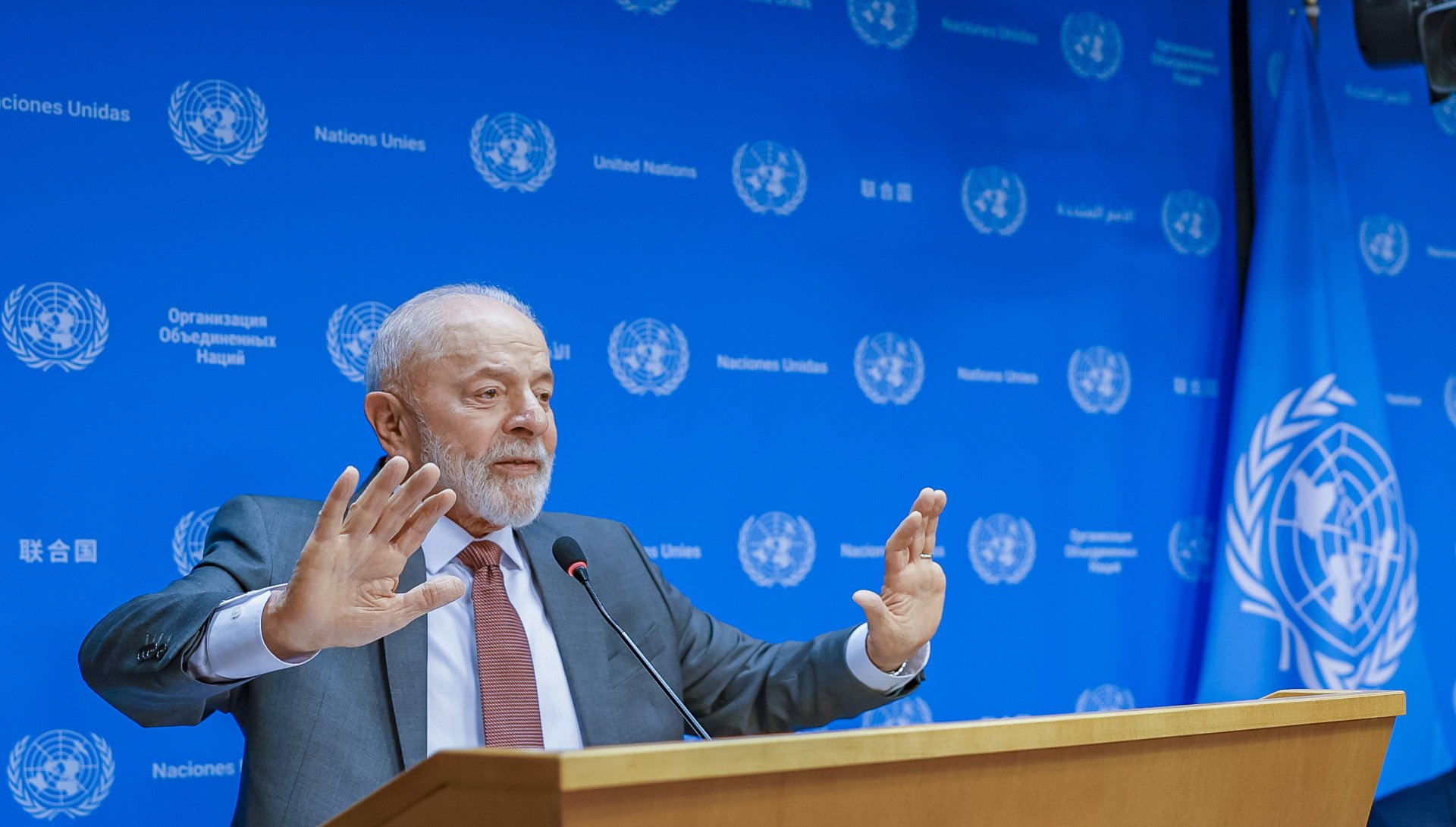 Presidente da República, Luiz Inácio Lula da Silva, em entrevista coletiva à imprensa na Sede das Nações Unidas (ONU), sala de entrevistas. Nova York - Estados Unidos

Foto: Ricardo Stuckert / PR (Foto: Ricardo Stuckert / PR; RICARDO STUCKERT)